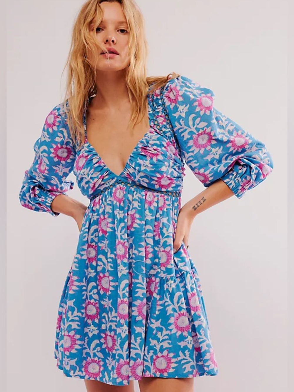 Free People Blue Floral Empire-Waist Mini Dress